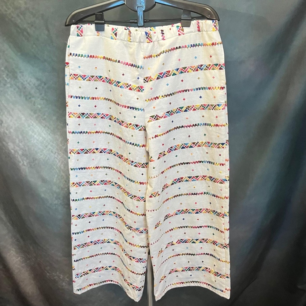 Embroidered Kantha Bohemian Pants Colorful Geometric Print Wide Leg‎ Size L/XL